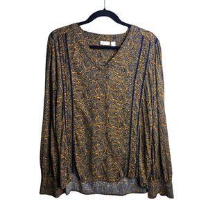 Hinge Boho Popover Blouse Lace Embellished Cactus Print Tunic Top Office Size L